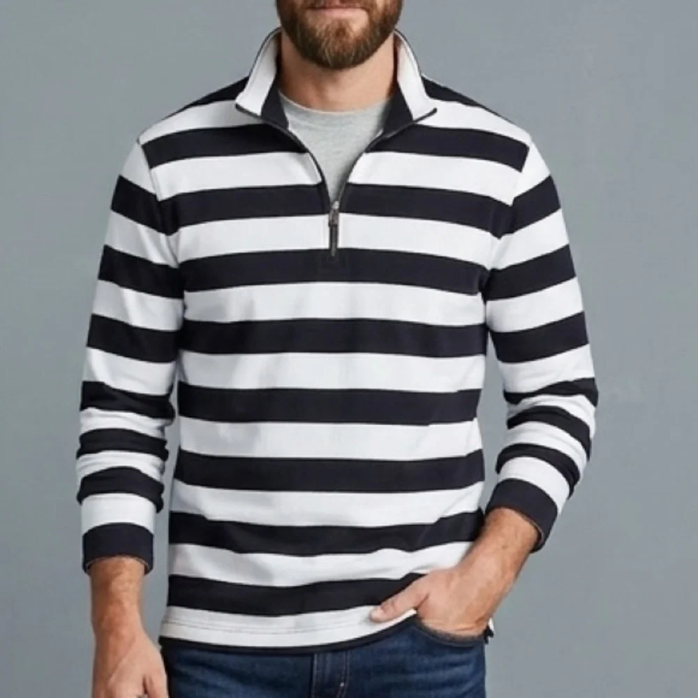 J. CREW 1/4 Zip Pullover Mock Sweater Mens Small Navy White Rugby Stripes Cotton